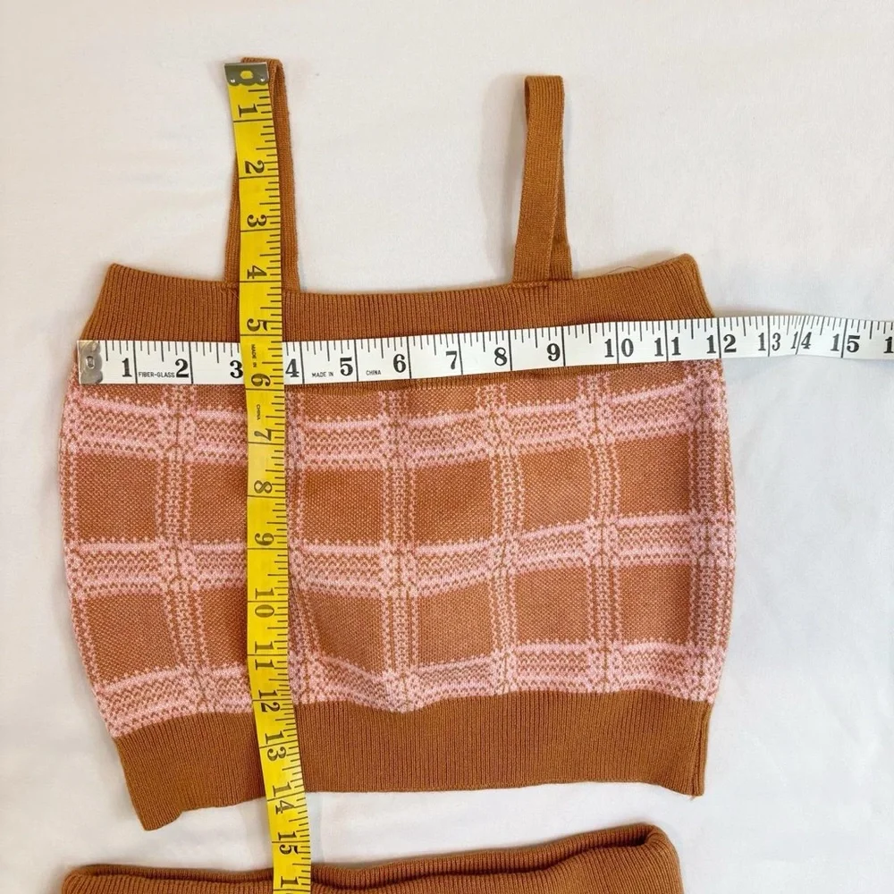 Pink and Tan Brown Plaid Tartan Knit Skirt Set- Cropped Tank Top and Skirt - Picture 8 of 8